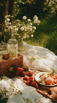 Picnic refreshment tablecloth strawberry. AI generated Image by rawpixel.