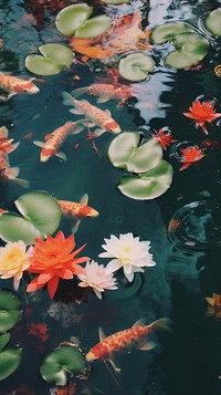  Pond with koi fish outdoors nature flower. AI generated Image by rawpixel.