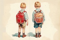 Vintage illustration 2 little boys backpack footwear child.