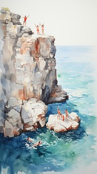 Watercolor of a cliff outdoors nature ocean.
