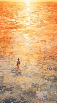 Watercolor of a hotspring swimming outdoors sunset.