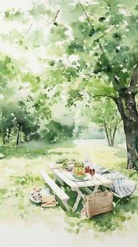 Watercolor of a picnic outdoors nature plant.