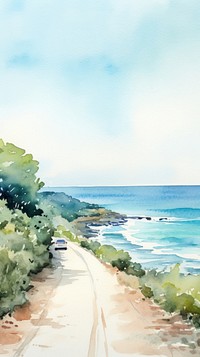 Watercolor of a road along the coast outdoors horizon nature.
