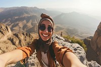 Young hiker Middle eastern women taking selfie mountain portrait hiking.