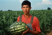 Young Thai man watermelon holding plant.