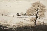 Winter snow field landscape outdoors painting.