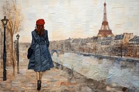 Woman walking in paris architecture portrait painting.