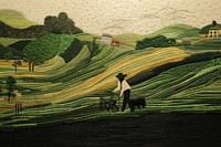 Farmer harvesting agriculture landscape outdoors.