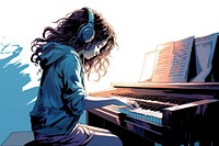 Little girl playing piano at home music headphones keyboard