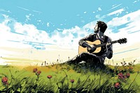 Man playing acoustic guitar in the middle of grass field music musician outdoors. AI generated Image by rawpixel.
