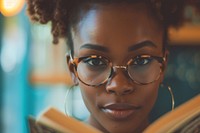 Young black woman reading glasses skin eye.