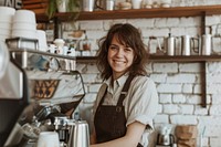 Middle age woman barista working smile entrepreneur.