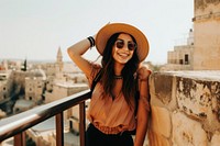 Happy Middle eastern girl traveler on the viewing smile adult architecture.