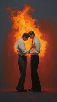 Couple kissing and fire on him body painting adult art.