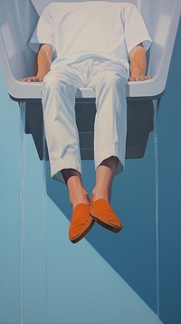 Legs lying on a trash bin footwear painting sitting.