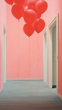 Many balloons floating with house red architecture anniversary.