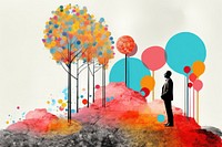 Collage Retro dreamy business man and growth tree art painting outdoors.