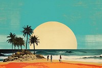 Collage Retro dreamy beach and people surfing outdoors horizon nature.