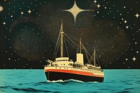 Collage Retro dreamy ship and night sky sailboat vehicle yacht.