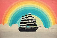 Collage Retro dreamy ship and rainbow watercraft sailboat painting.