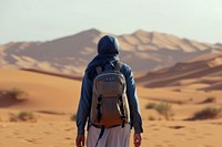 Middle eastern Explorer backpack walking desert.