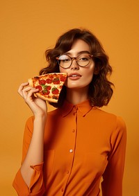 Woman wear glasses pizza biting eating.