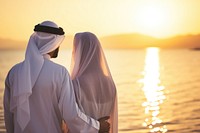 Young wealthy middle eastern couple standing sunset adult.