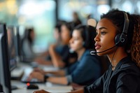 Young multi ethnic customer service at work headphones headset electronics.