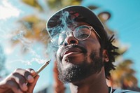 Black man holding cannabis joint glasses smoking smoke.