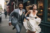 Groom carrying bride cheerful laughing running.