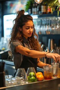 Female multi ethnic bartender at work adult drink entrepreneur.
