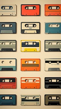 Retro film of casette tapes arrangement backgrounds electronics.