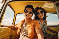  Thai couple sitting on the vintage van car sunglasses vacation vehicle. AI generated Image by rawpixel.