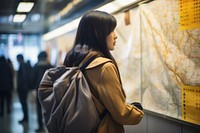  Thai woman looking the big maps in on the wall in subway adult architecture accessories. AI generated Image by rawpixel.