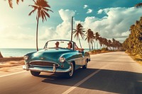  Couple singaporean driving a vintage car vacation vehicle summer. 