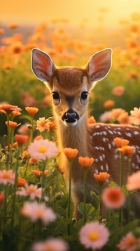 Of a baby deer in the Flower field flower wildlife outdoors.