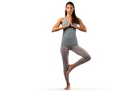 Full length portrait of a fit American woman standing in a yoga position sports adult concentration.