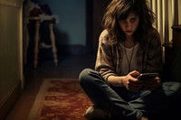 Teenage girl sitting on landing floor photo phone negative emotion. AI generated Image by rawpixel.