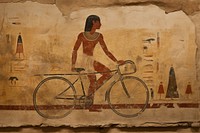 Biker on road hieroglyphic carvings painting ancient bicycle.