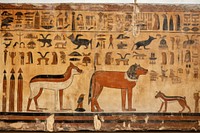 Teddy bear hieroglyphic carvings archaeology tapestry painting.