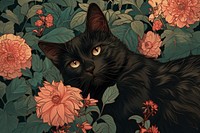 Black cat and flowers art painting pattern.
