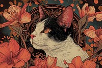 Cat and flowers art cat painting.