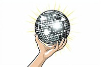 Human hand holding Disco ball cartoon sphere globe.