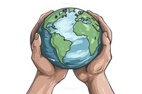 Human hand holding Earth cartoon sphere planet.