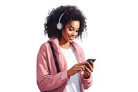Cheerful black woman using phone headphones white background portability.