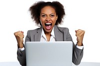 Woman using laptop shouting computer adult. 