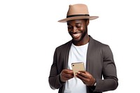 Cheerful black man using phone adult photo white background.