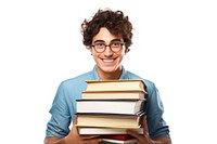 College student holding stack of books glasses reading smile. AI generated Image by rawpixel.