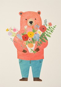 Chubby Bear with a bouquet of flowers bear art painting.