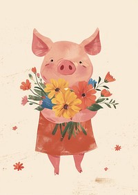 Cartoon pig holding a bunch of flowers run floating colorful clothes animal mammal plant.